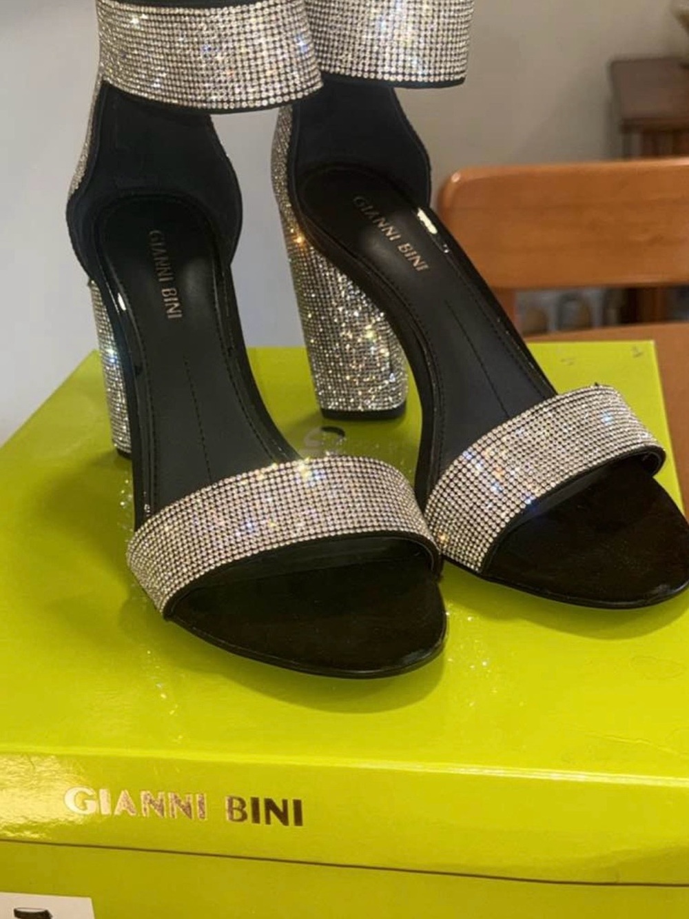 Gianni Bini Black Ankle-Strap Heels with Crystal Embellishments